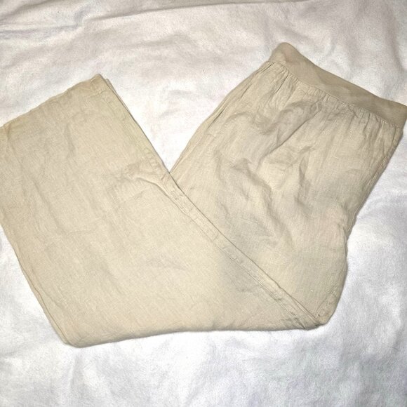 Ellen Tracy Beige 100% Linen Elastic Waist Cropped Pants Drawstring Relaxed Fit‎ - Picture 6 of 11